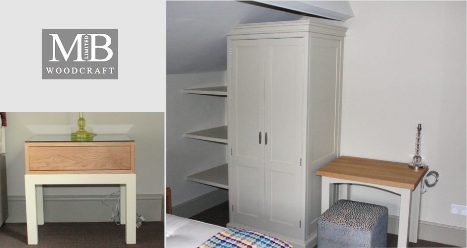 Oak bedside table and painted wardrobe